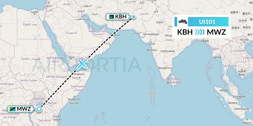 UI101 Auric Air Flight Map: Kalat to Mwanza