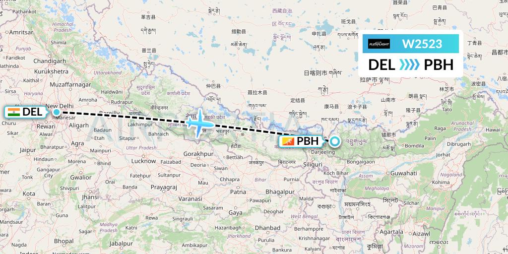 W2523 Flex Flight Flight Map: Delhi to Paro