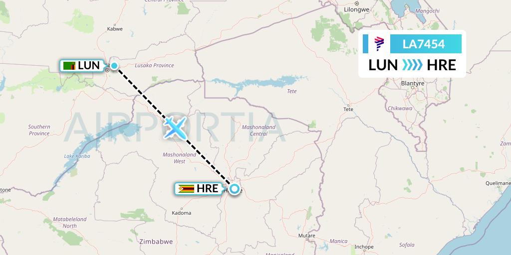 LA7454 LAN Airlines Flight Map: Lusaka to Harare