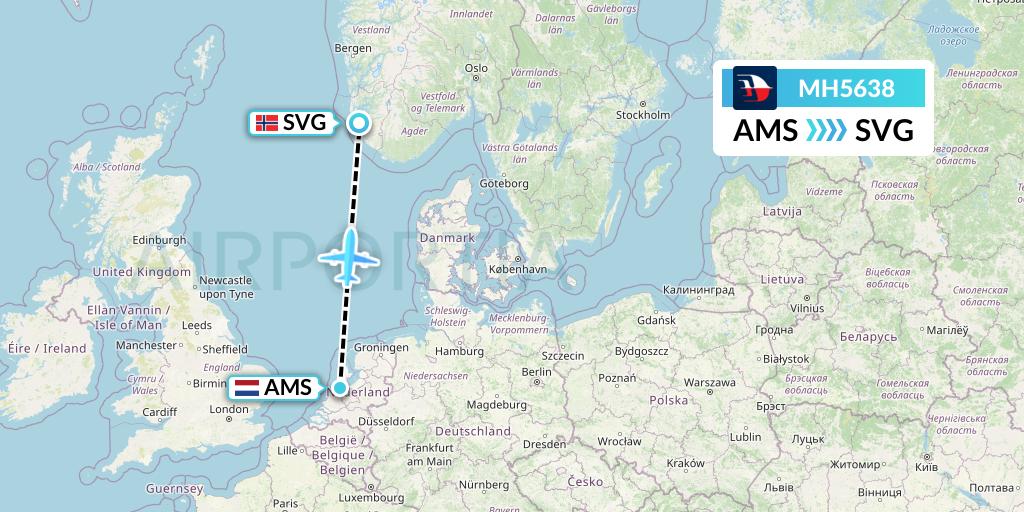 MH5638 Malaysia Airlines Flight Map: Amsterdam to Stavanger
