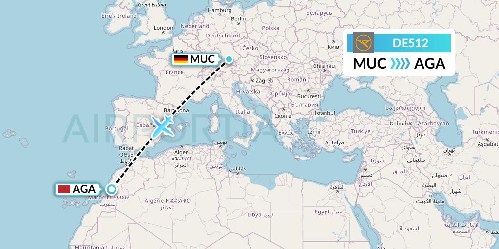 DE512 Condor Flight Map: Munich to Agadir