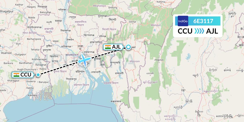 6E3117 IndiGo Airlines Flight Map: Kolkata to Aizawl
