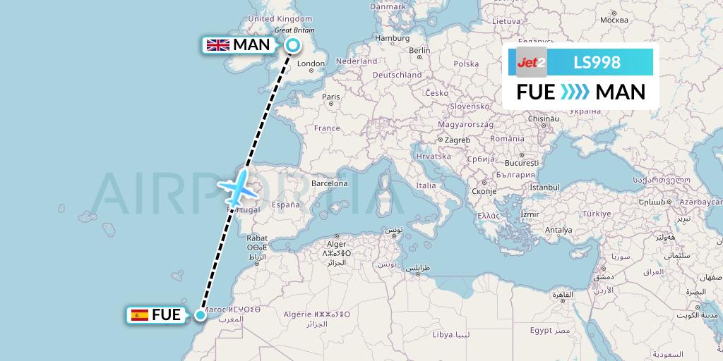 LS998 Jet2 Flight Map: Fuerteventura to Manchester