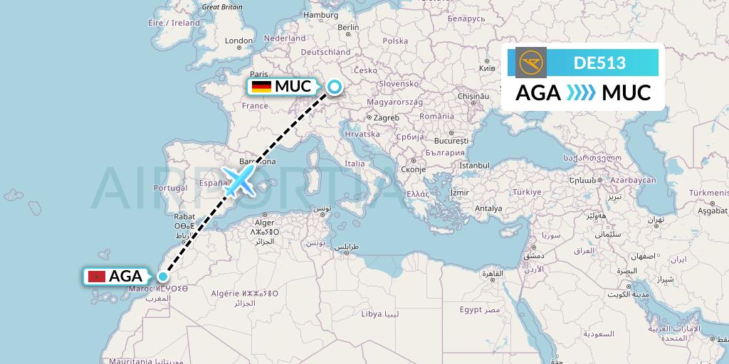 DE513 Condor Flight Map: Agadir to Munich