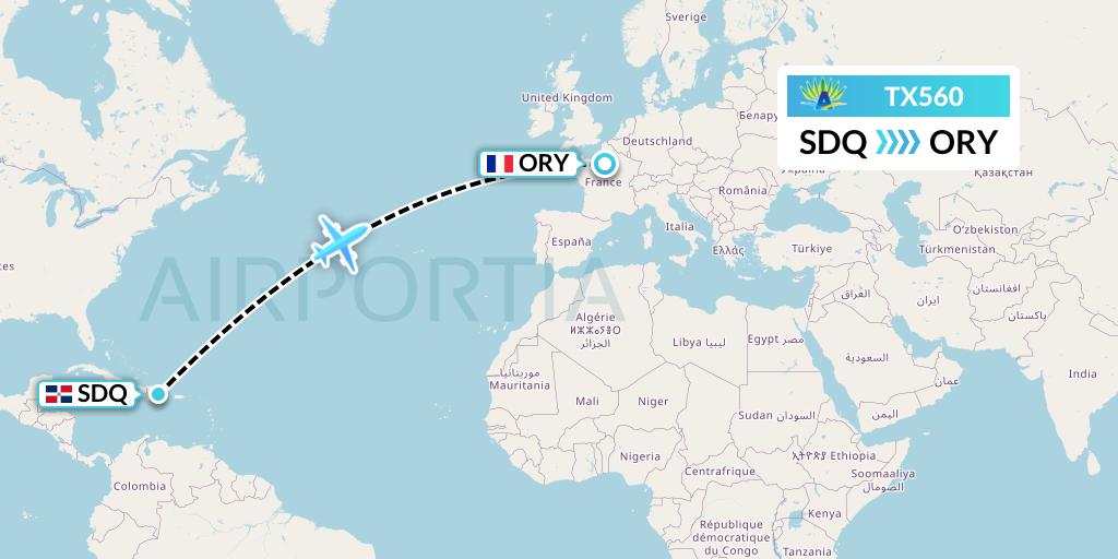TX560 Air Caraibes Flight Map: Santo Domingo to Paris