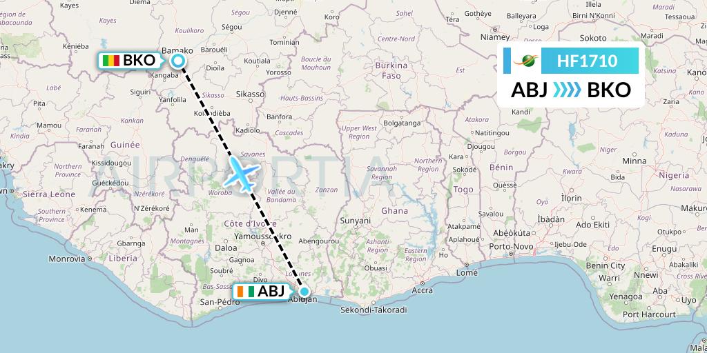 HF1710 Air Cote d'Ivoire Flight Map: Abidjan to Bamako
