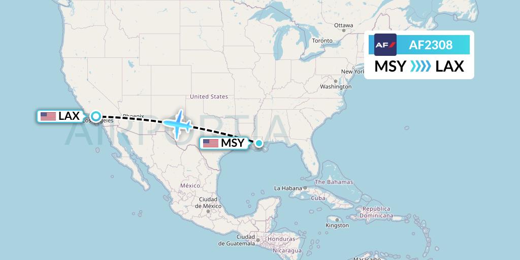 AF2308 Air France Flight Map: New Orleans to Los Angeles