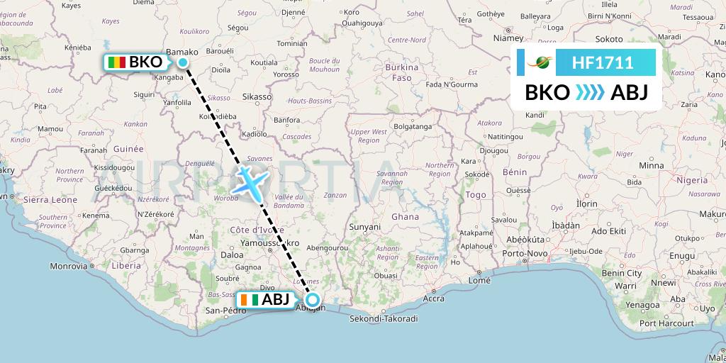 HF1711 Air Cote d'Ivoire Flight Map: Bamako to Abidjan