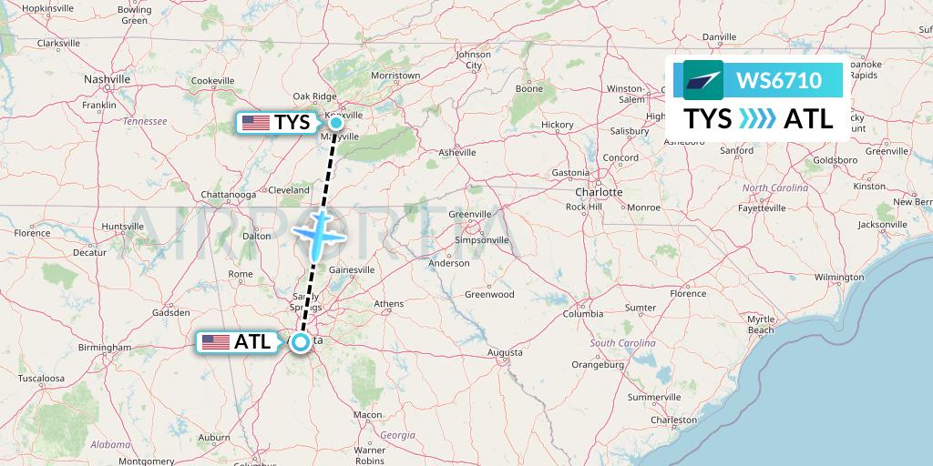 WS6710 WestJet Flight Map: Knoxville to Atlanta