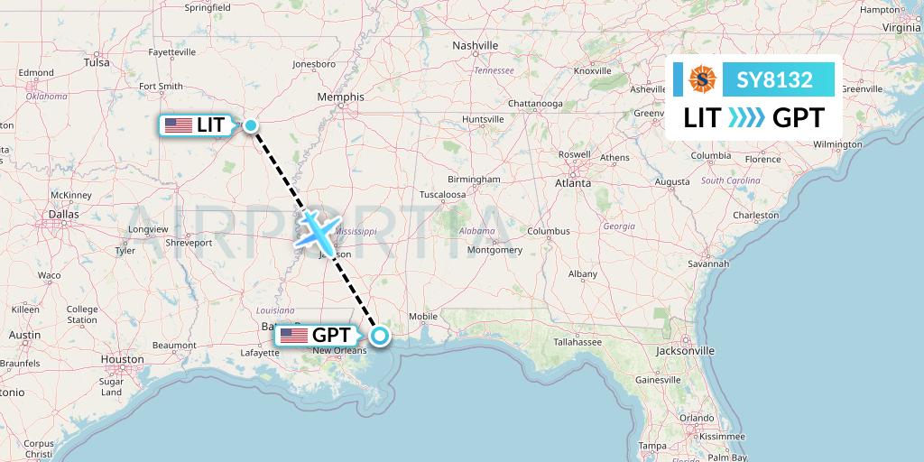 SY8132 Sun Country Airlines Flight Map: Little Rock to Gulfport