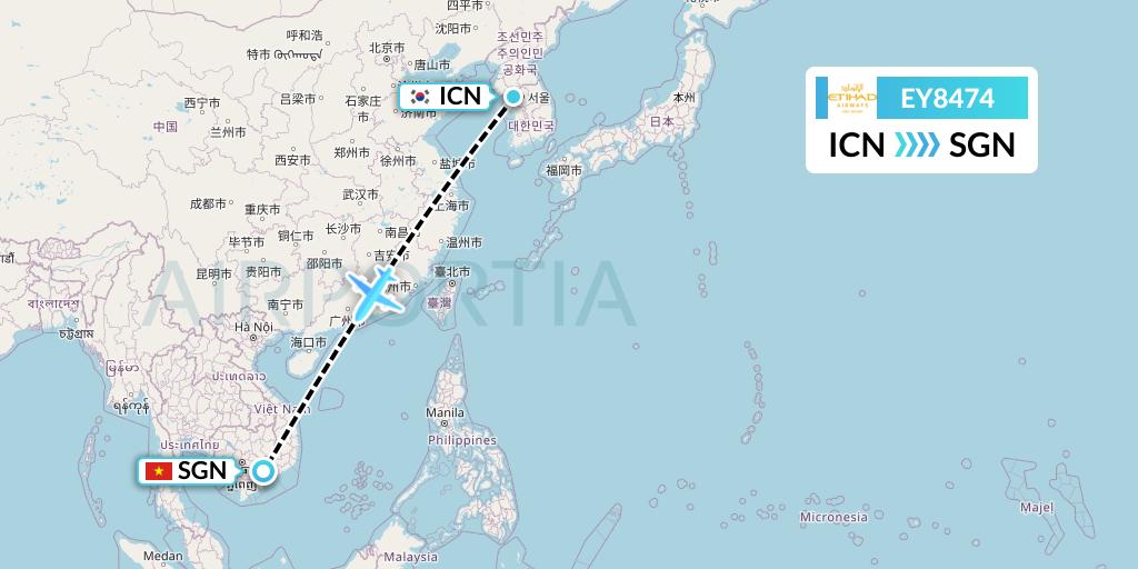 EY8474 Etihad Airways Flight Map: Seoul to Ho Chi Minh City