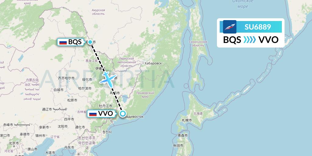 SU6889 Aeroflot Flight Map: Blagoveshchensk to Vladivostok