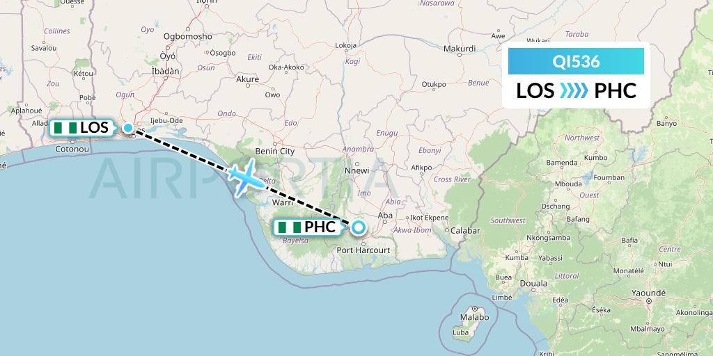 QI536 Ibom Air Flight Map: Lagos to Port Harcourt