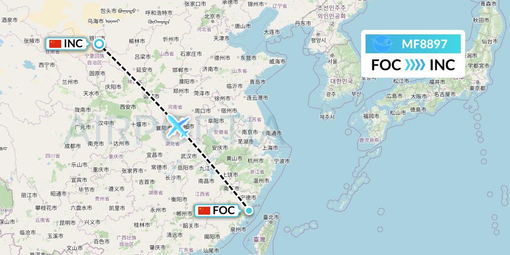 MF8897 Xiamen Airlines Flight Map: Fuzhou to Yinchuan