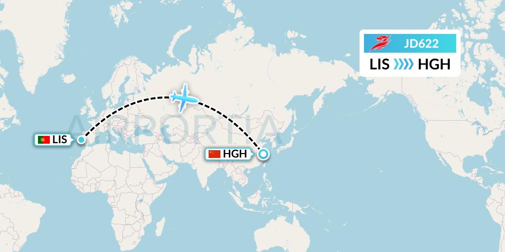 JD622 Capital Airlines Flight Map: Lisbon to Hangzhou