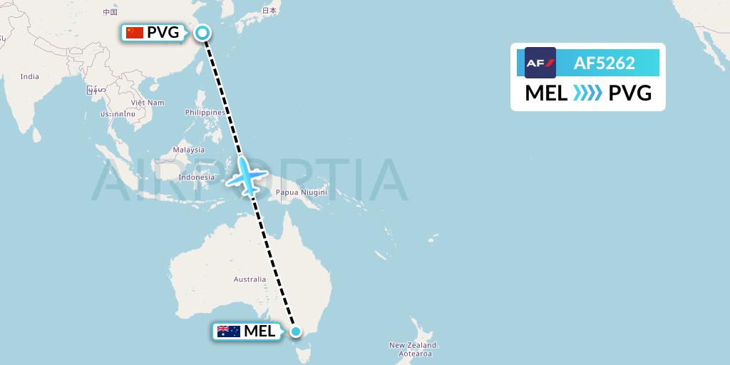 AF5262 Air France Flight Map: Melbourne to Shanghai