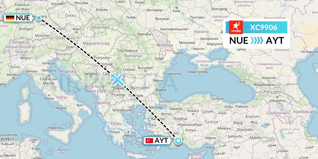 XC9906 Corendon Airlines Flight Map: Nurnberg to Antalya