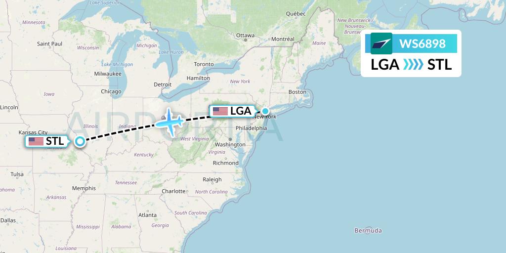 WS6898 WestJet Flight Map: New York to St. Louis