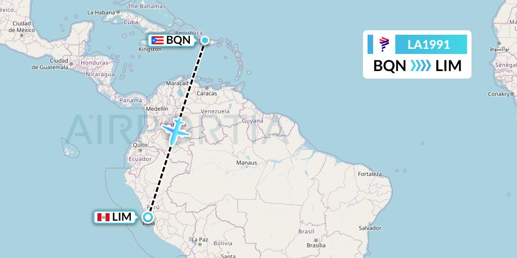 LA1991 LAN Airlines Flight Map: Aguadilla to Lima