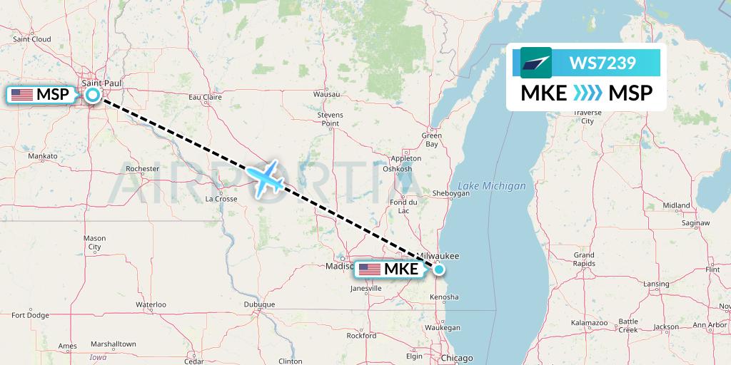 WS7239 WestJet Flight Map: Milwaukee to Minneapolis