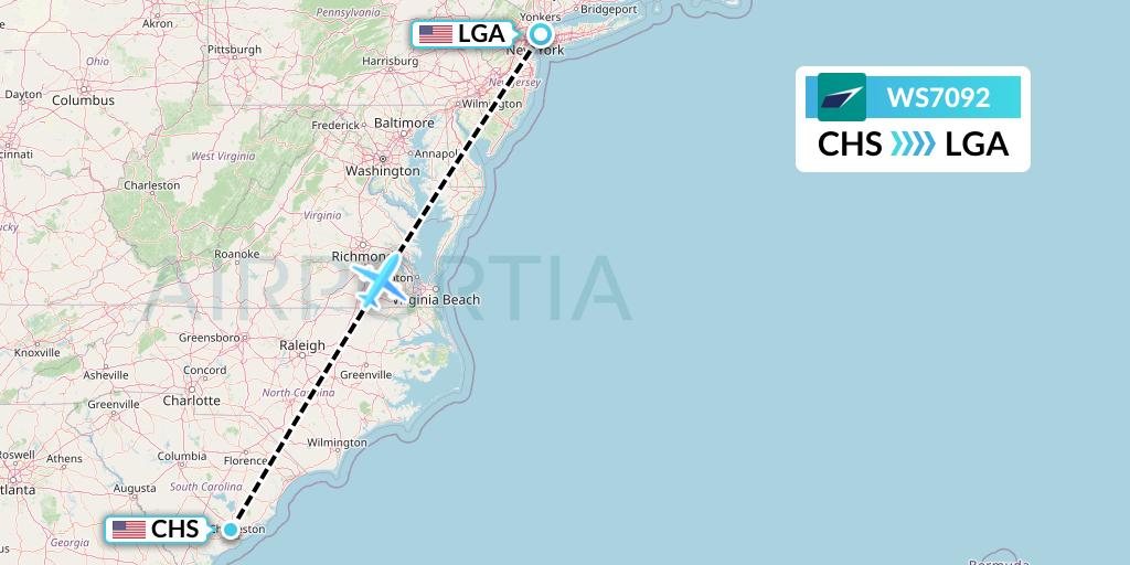 WS7092 WestJet Flight Map: Charleston to New York