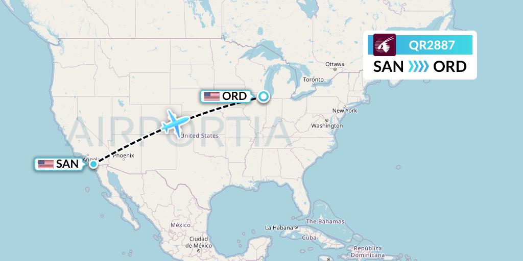 QR2887 Qatar Airways Flight Map: San Diego to Chicago