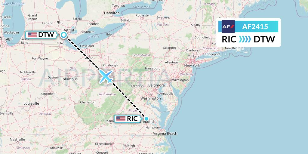 AF2415 Air France Flight Map: Richmond to Detroit