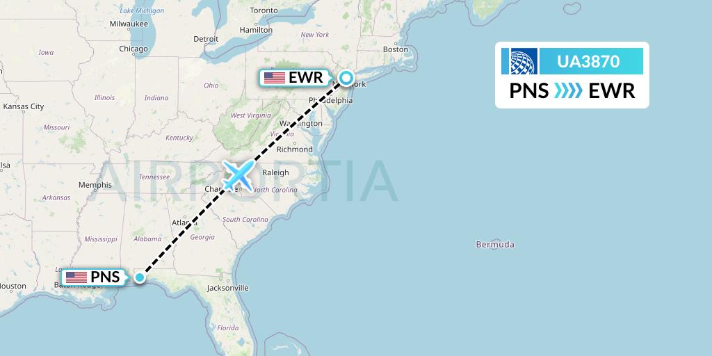 UA3870 United Airlines Flight Map: Pensacola to New York