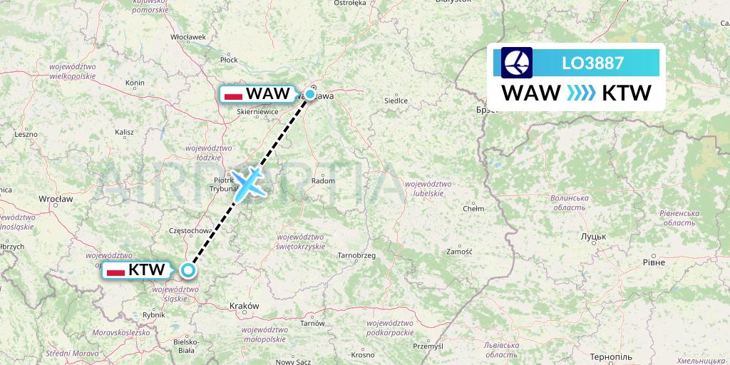 LO3887 LOT Flight Map: Warsaw to Katowice