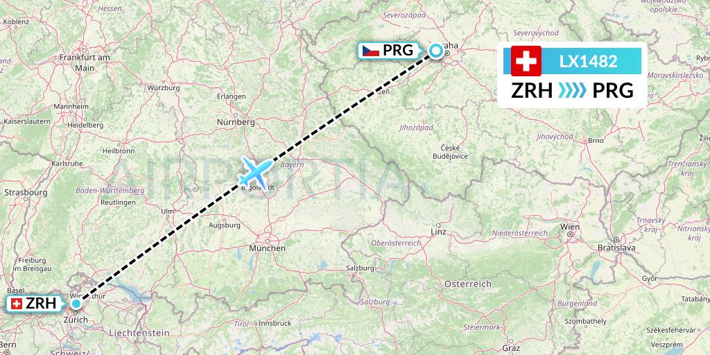LX1482 Swiss Flight Map: Zurich to Prague