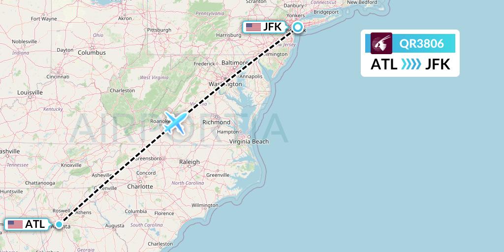 QR3806 Qatar Airways Flight Map: Atlanta to New York