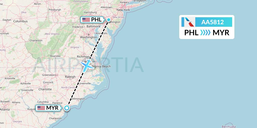 AA5812 American Airlines Flight Map: Philadelphia to Myrtle Beach