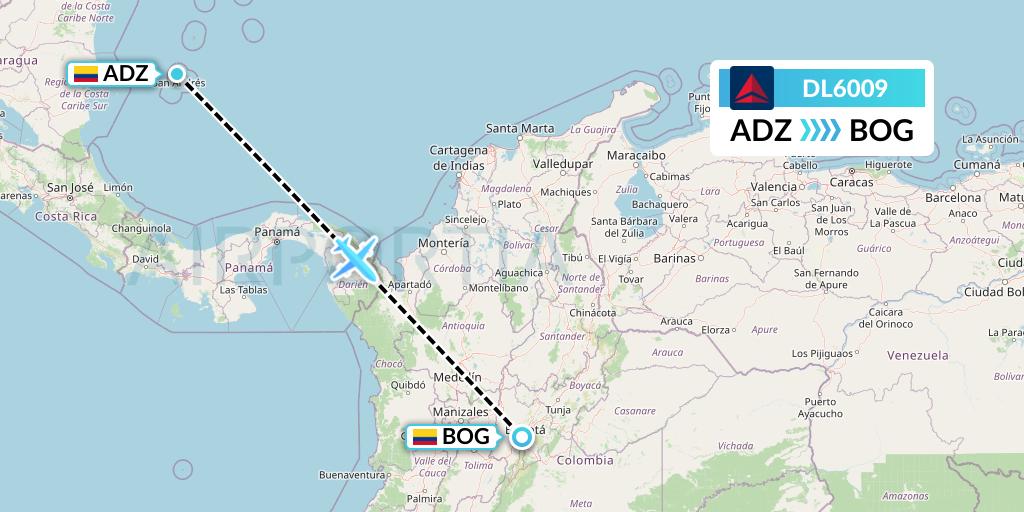 DL6009 Delta Air Lines Flight Map: San Andres Island to Bogota