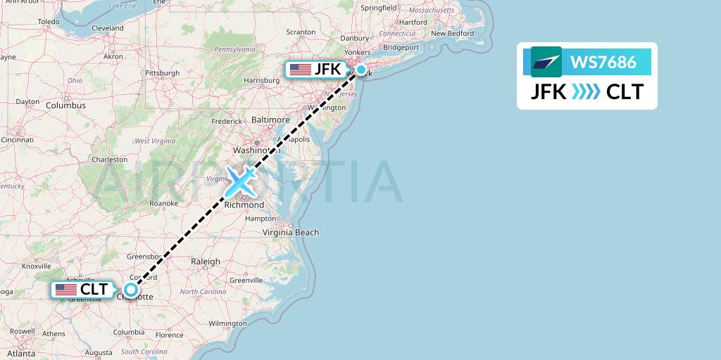 WS7686 WestJet Flight Map: New York to Charlotte