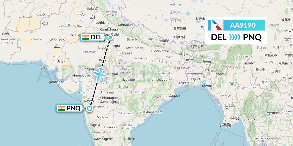 AA9190 American Airlines Flight Map: Delhi to Pune