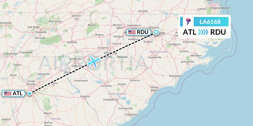LA6168 LAN Airlines Flight Map: Atlanta to Raleigh-Durham