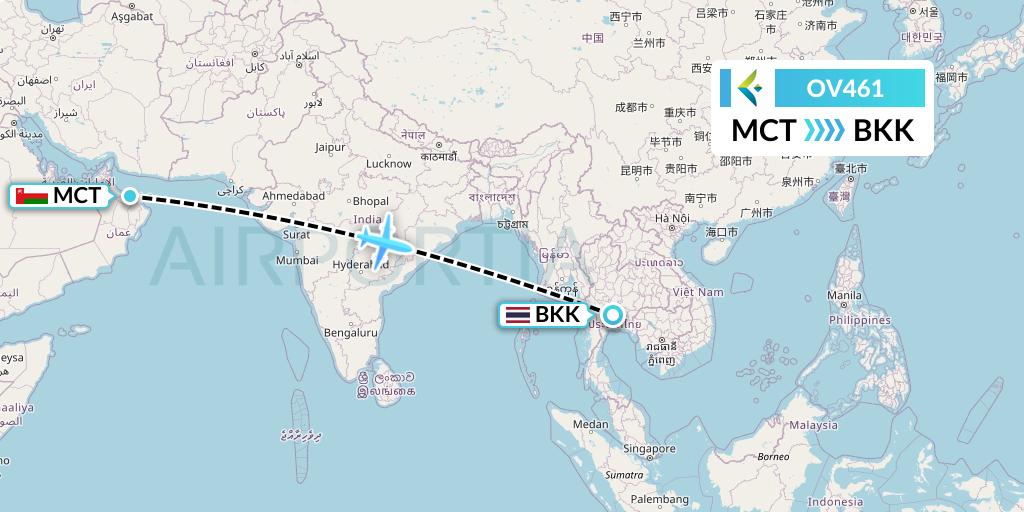 OV461 SalamAir Flight Map: Muscat to Bangkok
