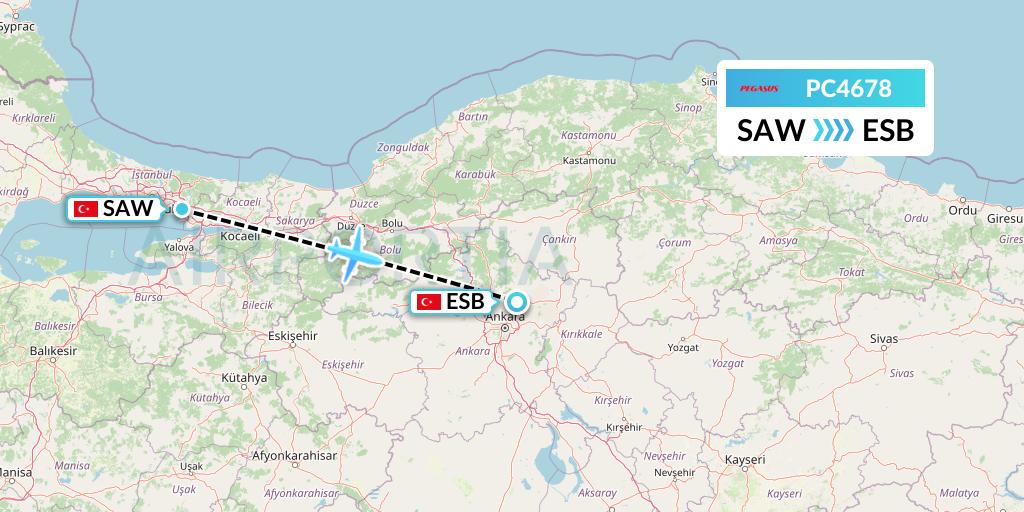 PC4678 Pegasus Airlines Flight Map: Istanbul to Ankara