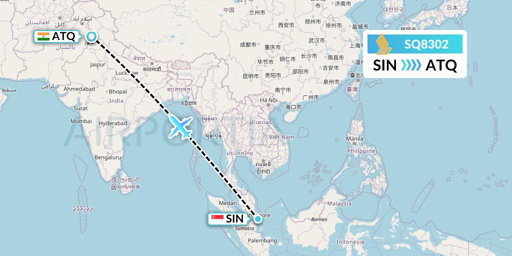 SQ8302 Singapore Airlines Flight Map: Singapore to Amritsar