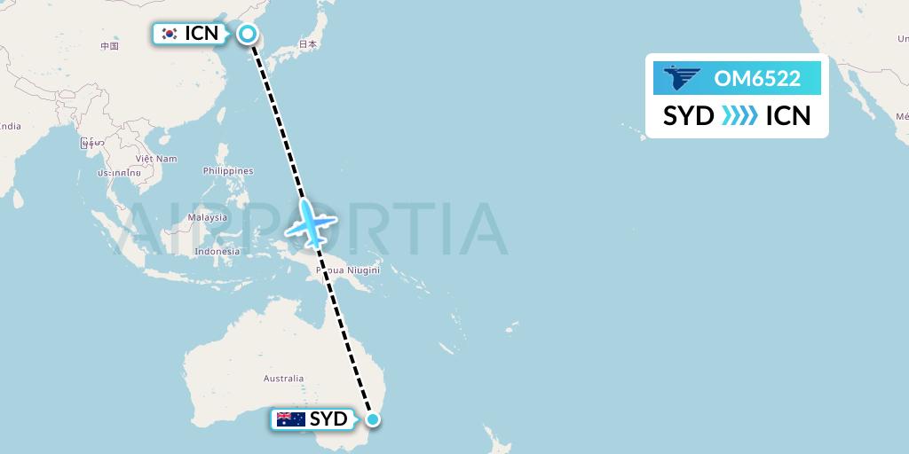 OM6522 MIAT Mongolian Airlines Flight Map: Sydney to Seoul