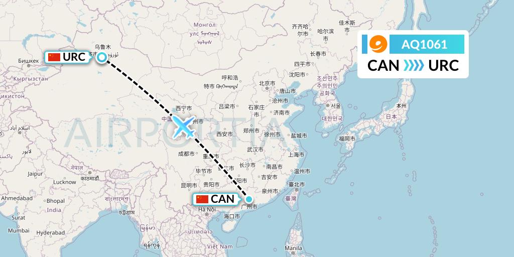 AQ1061 9 Air Flight Map: Guangzhou to Urumqi