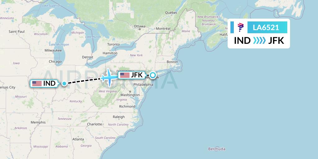 LA6521 LAN Airlines Flight Map: Indianapolis to New York