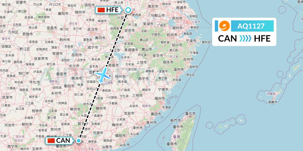 AQ1127 9 Air Flight Map: Guangzhou to Hefei
