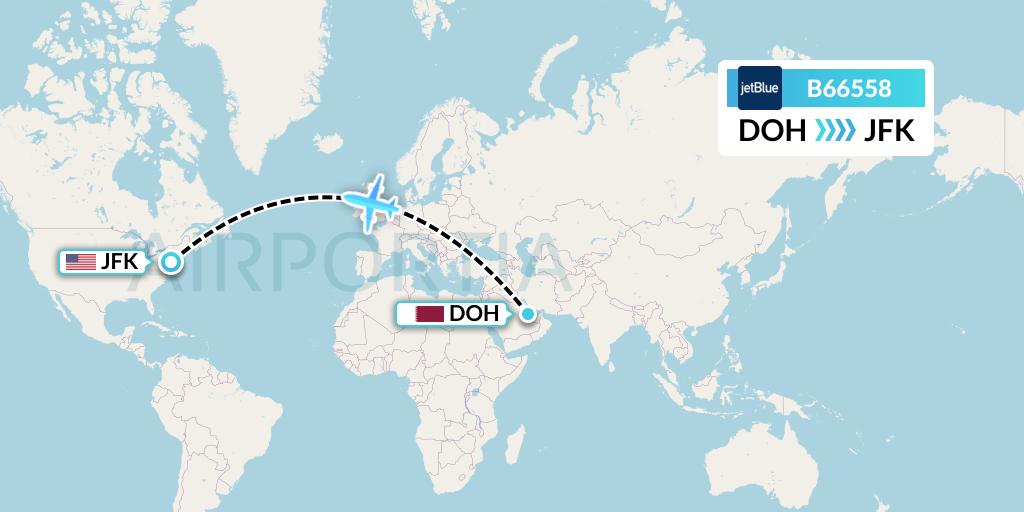 B66558 JetBlue Airways Flight Map: Doha to New York