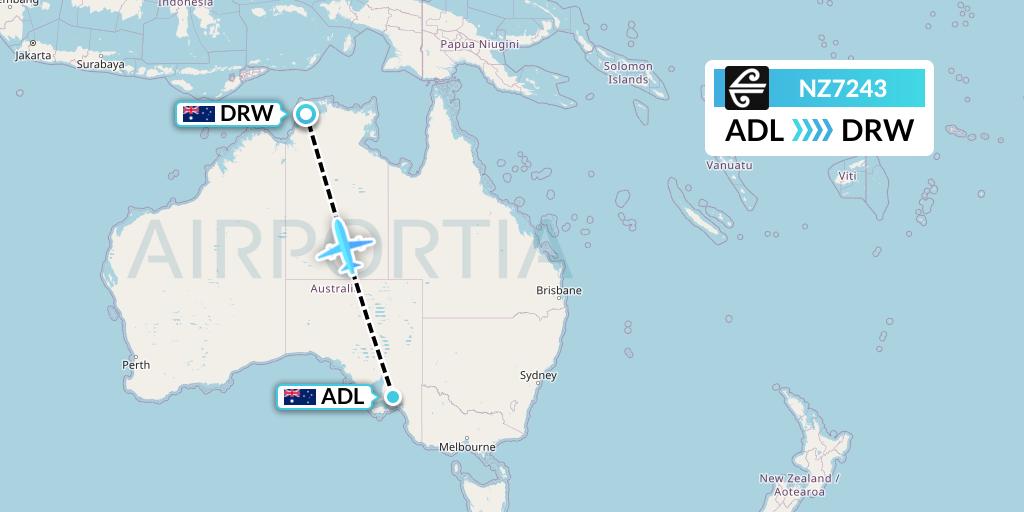 NZ7243 Air New Zealand Flight Map: Adelaide to Darwin