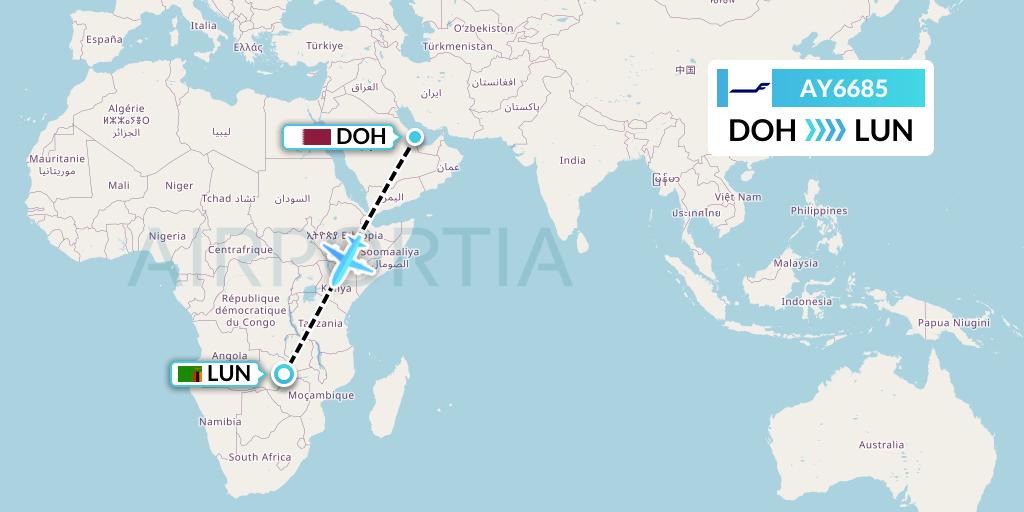 AY6685 Finnair Flight Map: Doha to Lusaka
