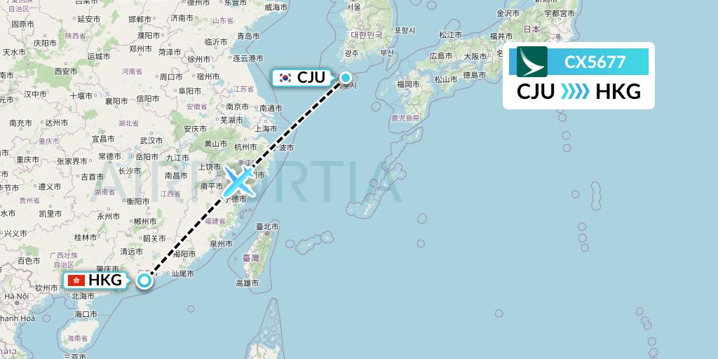 CX5677 Cathay Pacific Flight Map: Jeju to Hong Kong