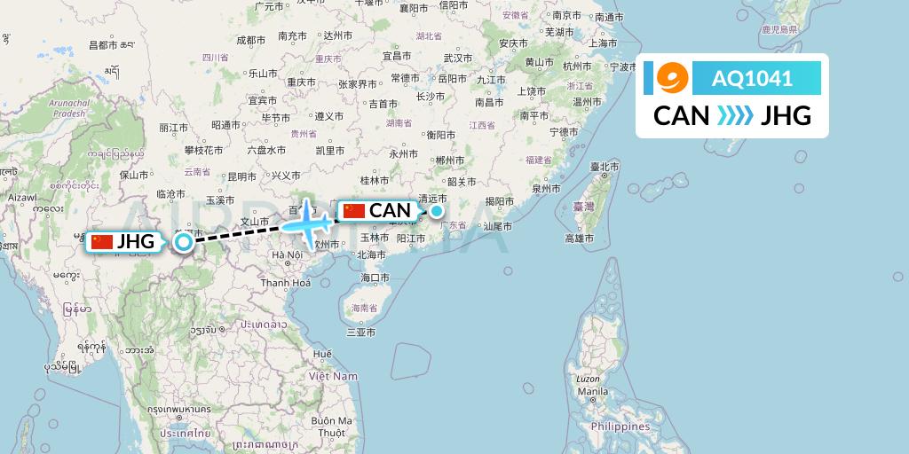 AQ1041 9 Air Flight Map: Guangzhou to Jinghong