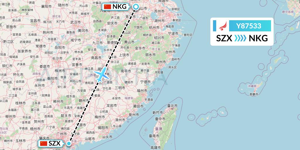 Y87533 Yangtze River Express Flight Map: Shenzhen to Nanjing