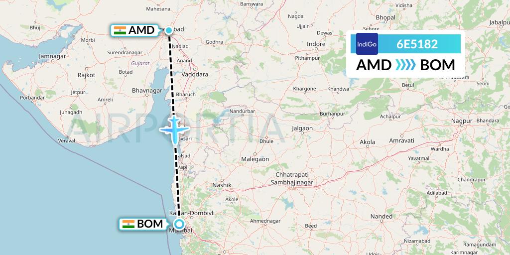 6E5182 IndiGo Airlines Flight Map: Ahmedabad to Mumbai